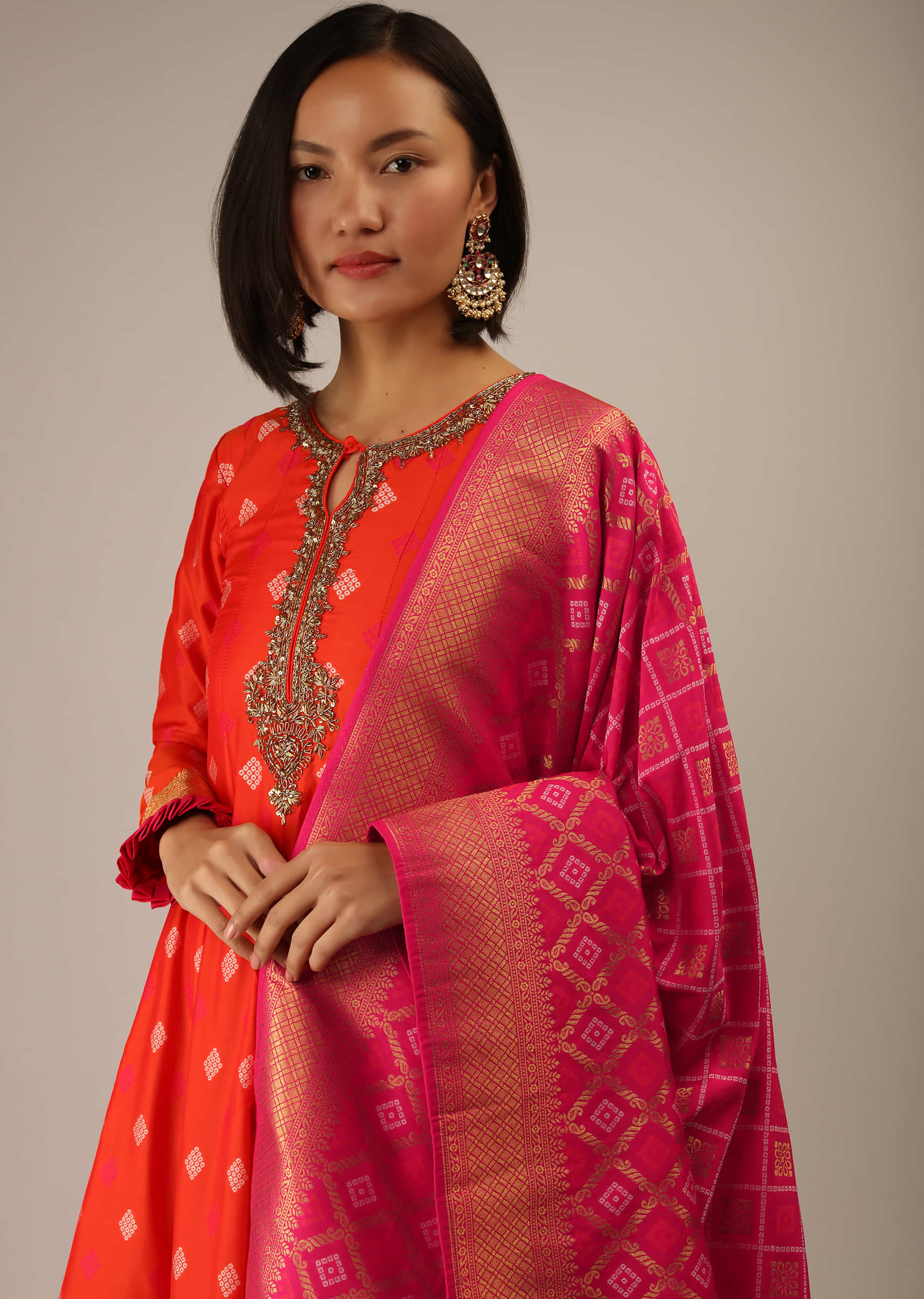 Coral Anarkali Suit In Brocade Silk With Woven Buttis And Zardosi Embroidery