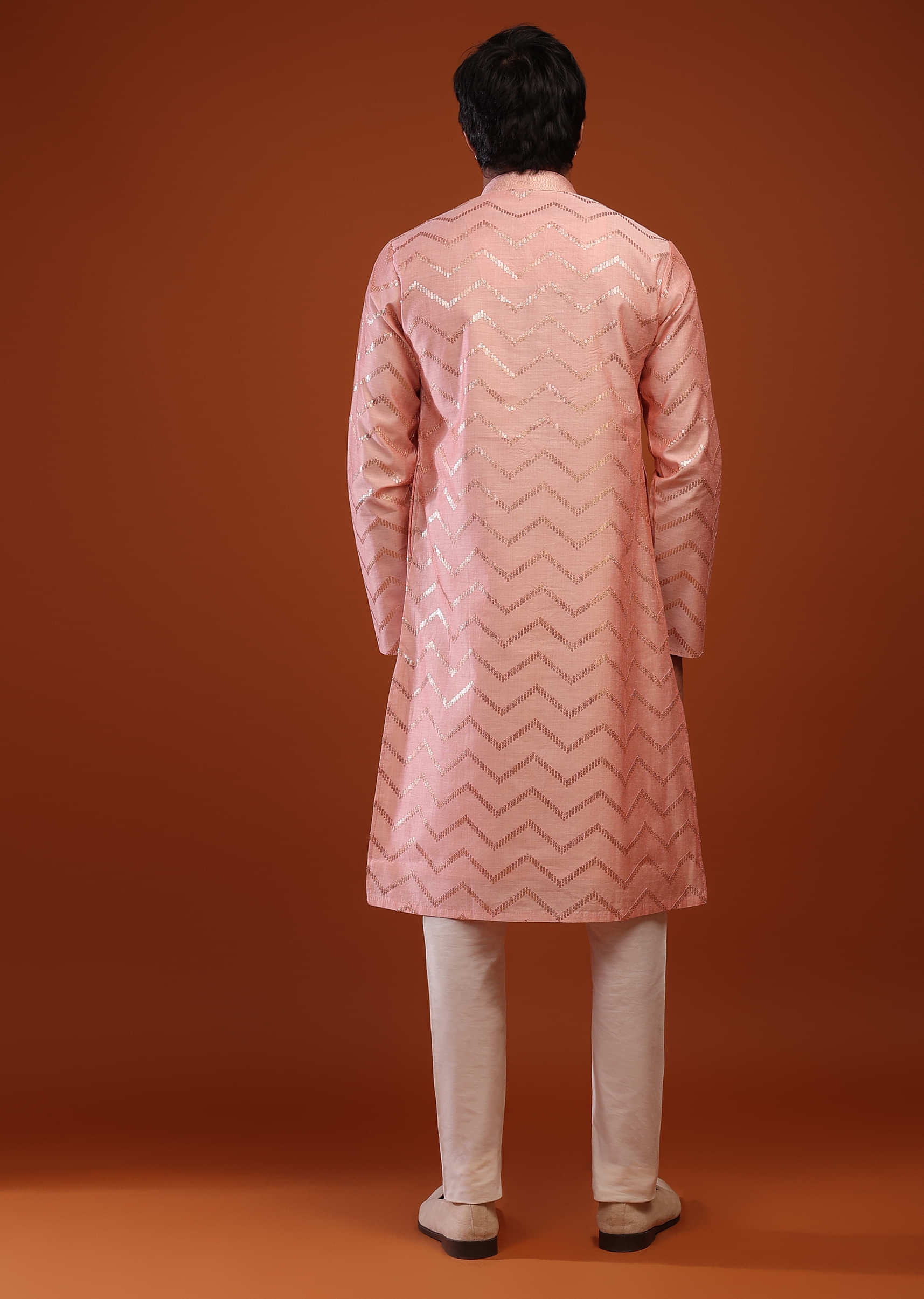 Coral Cloud Raw Silk Kurta Set With Sequins Embroidery, Placket In Zari, And Thread Work