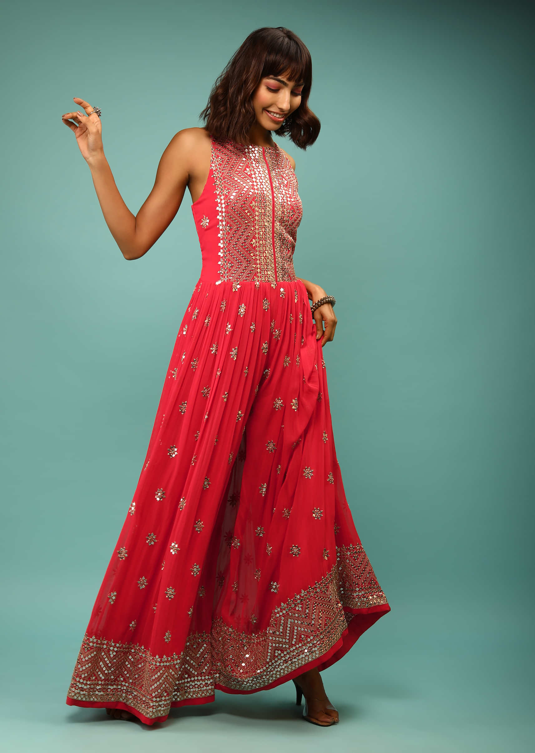 Coral Jumpsuit In Georgette With Sequins And Zari Embroidered Geometric Design And Floral Buttis 