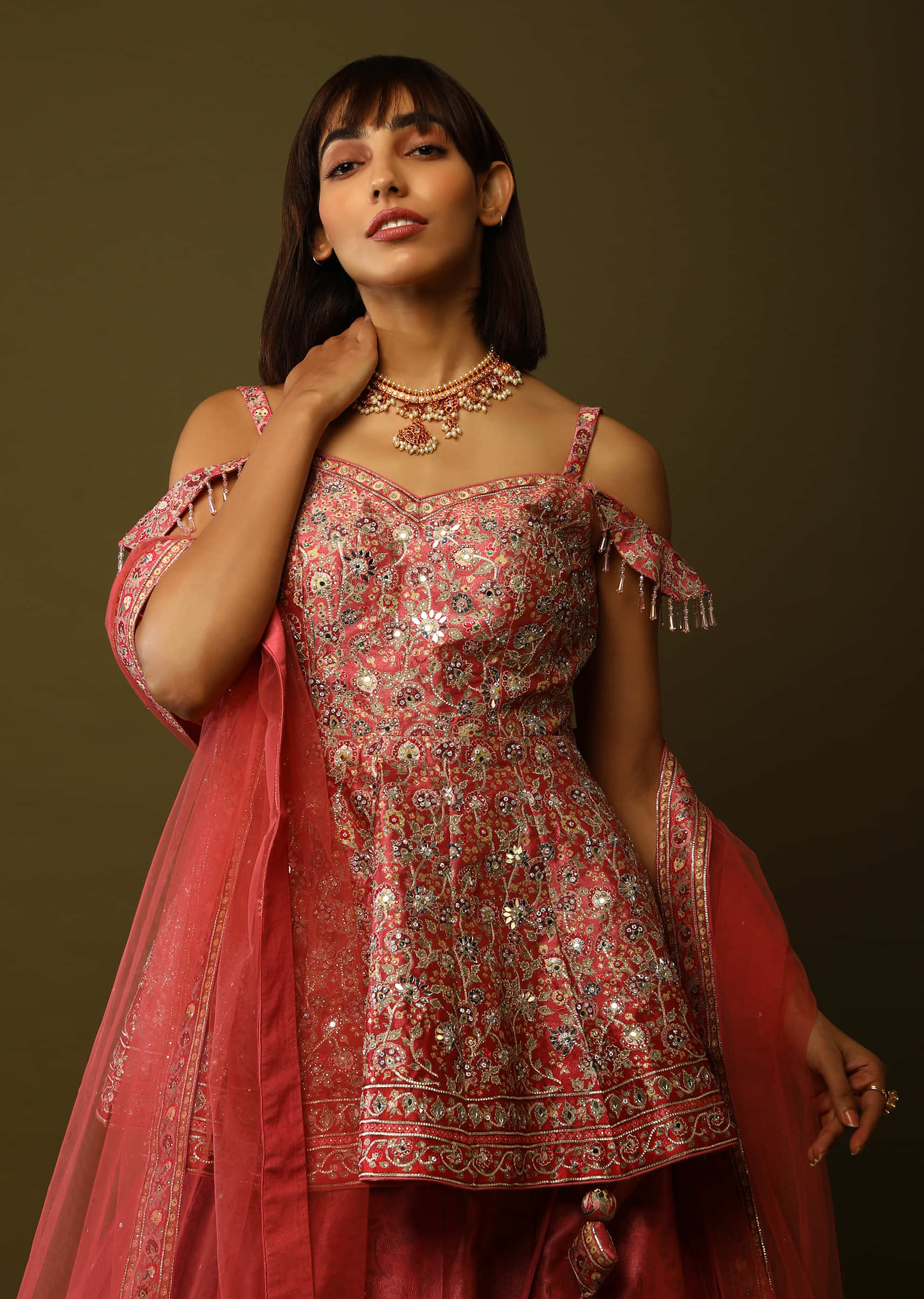 Coral Peach And Red Shaded Lehenga And Peplum Top With Floral Print, Mirror Work And Cold Shoulder Sleeves Online - Kalki Fashion