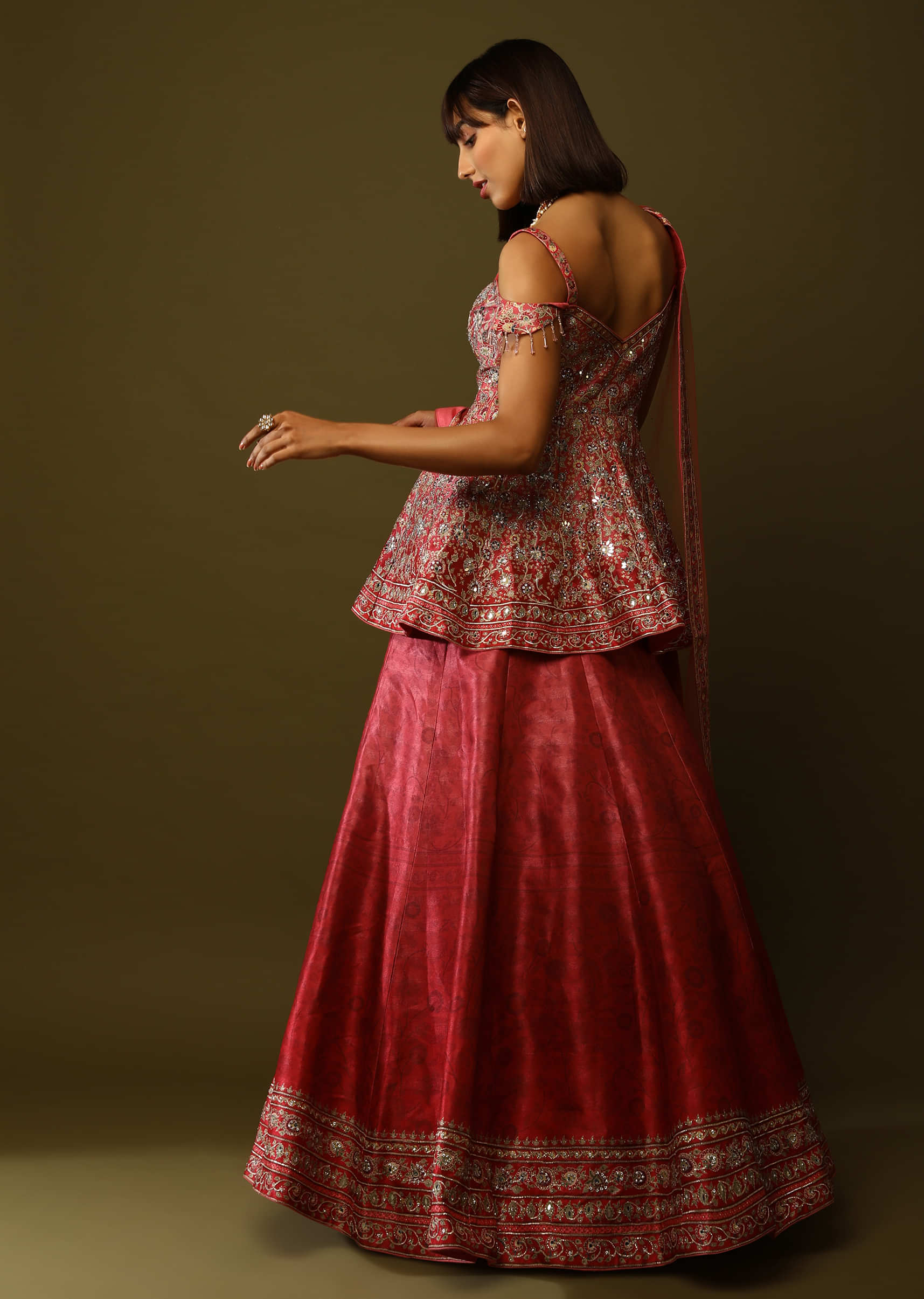 Coral Peach And Red Shaded Lehenga And Peplum Top With Floral Print, Mirror Work And Cold Shoulder Sleeves Online - Kalki Fashion
