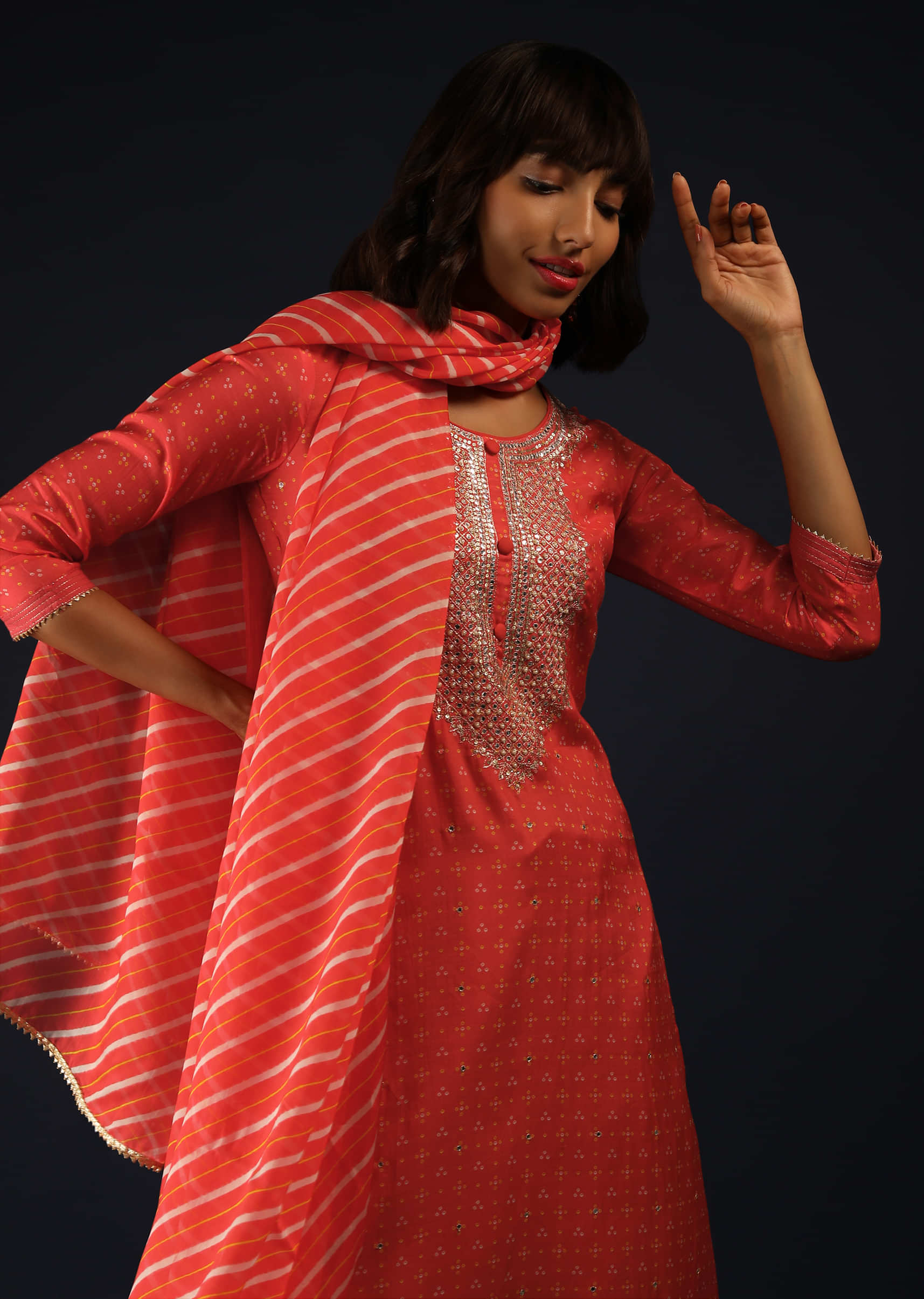 Coral Peach Palazzo Suit In Cotton With Bandhani Print And Lehariya Dupatta  
