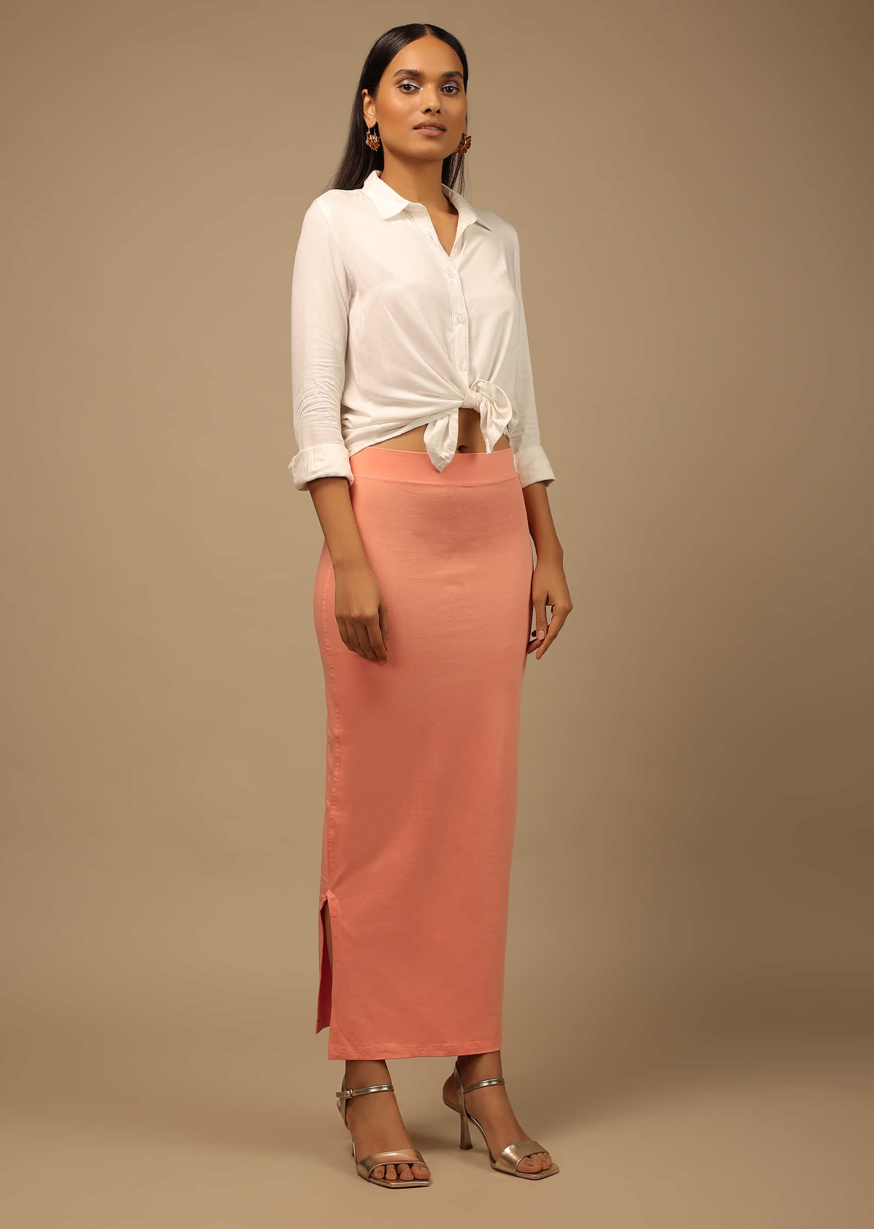 Buy Peach Shapewear Saree Petticoat In Cotton Lycra With Elastic