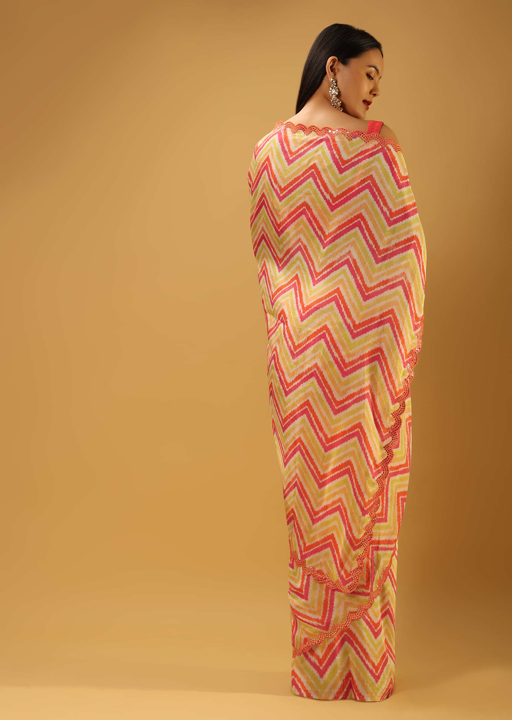 Coral, Pink And Yellow Saree In Cotton With Printed Chevron Design 