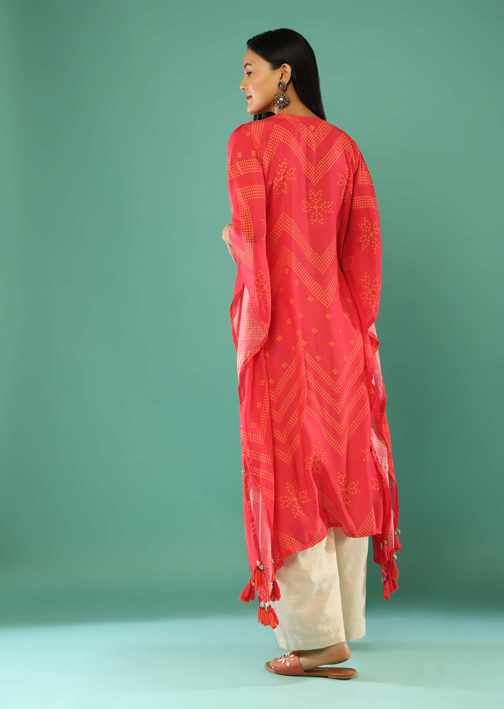 Coral Red Kaftan In Cotton With Geometric Print And Shell Tassels Online - By Re
