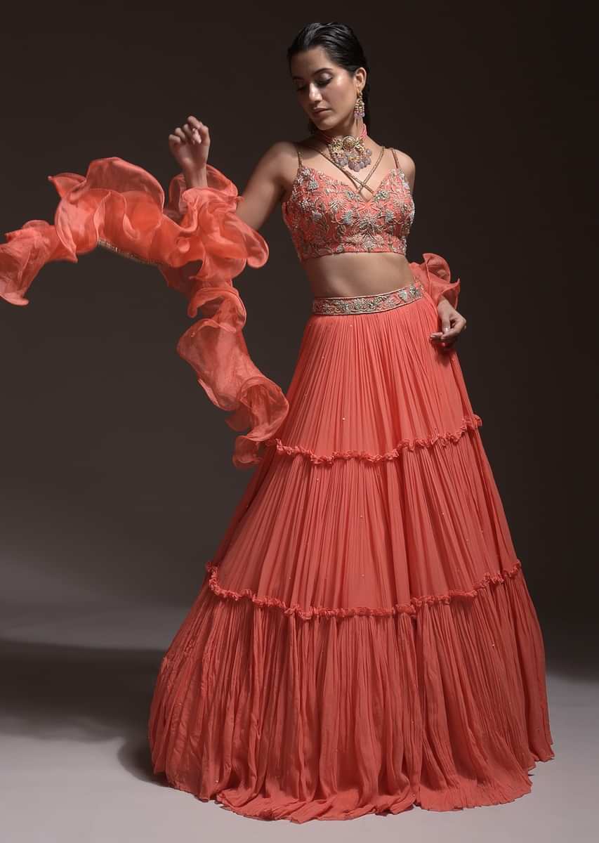 Coral Tiered Skirt And Crop Top With Cutdana Embellished Floral Blossoms And Ruffle Dupatta