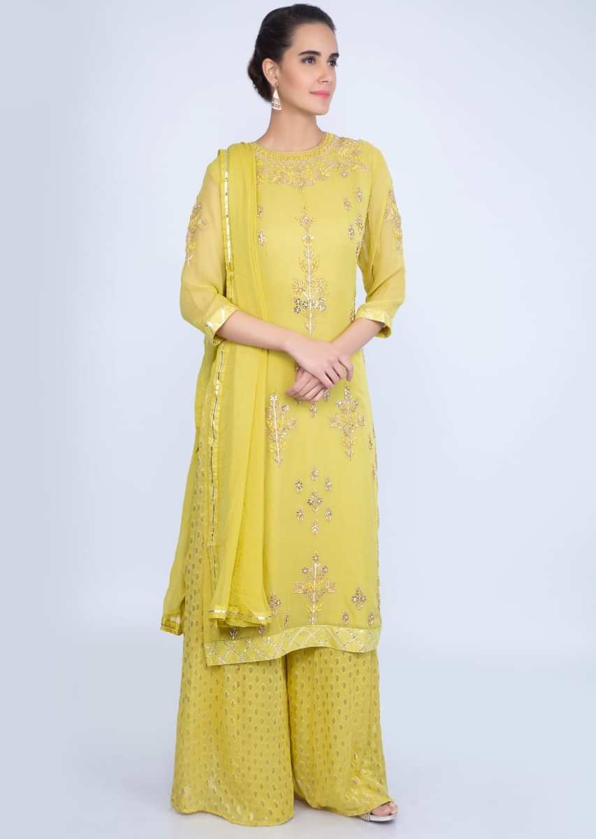 Corn Green Georgette Suit With Floral Embroidery And Weaved Palazzo And Chiffon Dupatta Online - Kalki Fashion