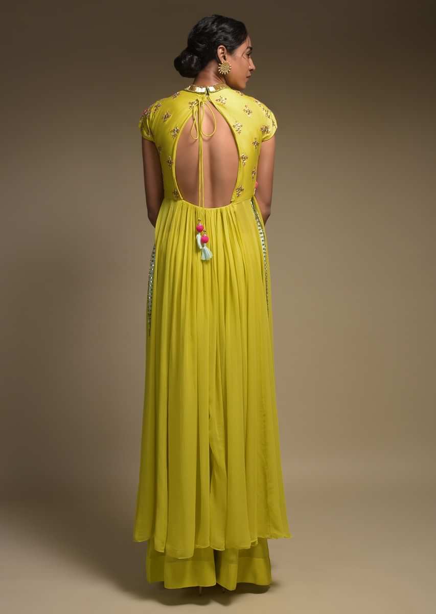 Corn Yellow A Line Suit In Georgette With Applique And Beads Embroidered 3D Floral Pattern Online - Kalki Fashion