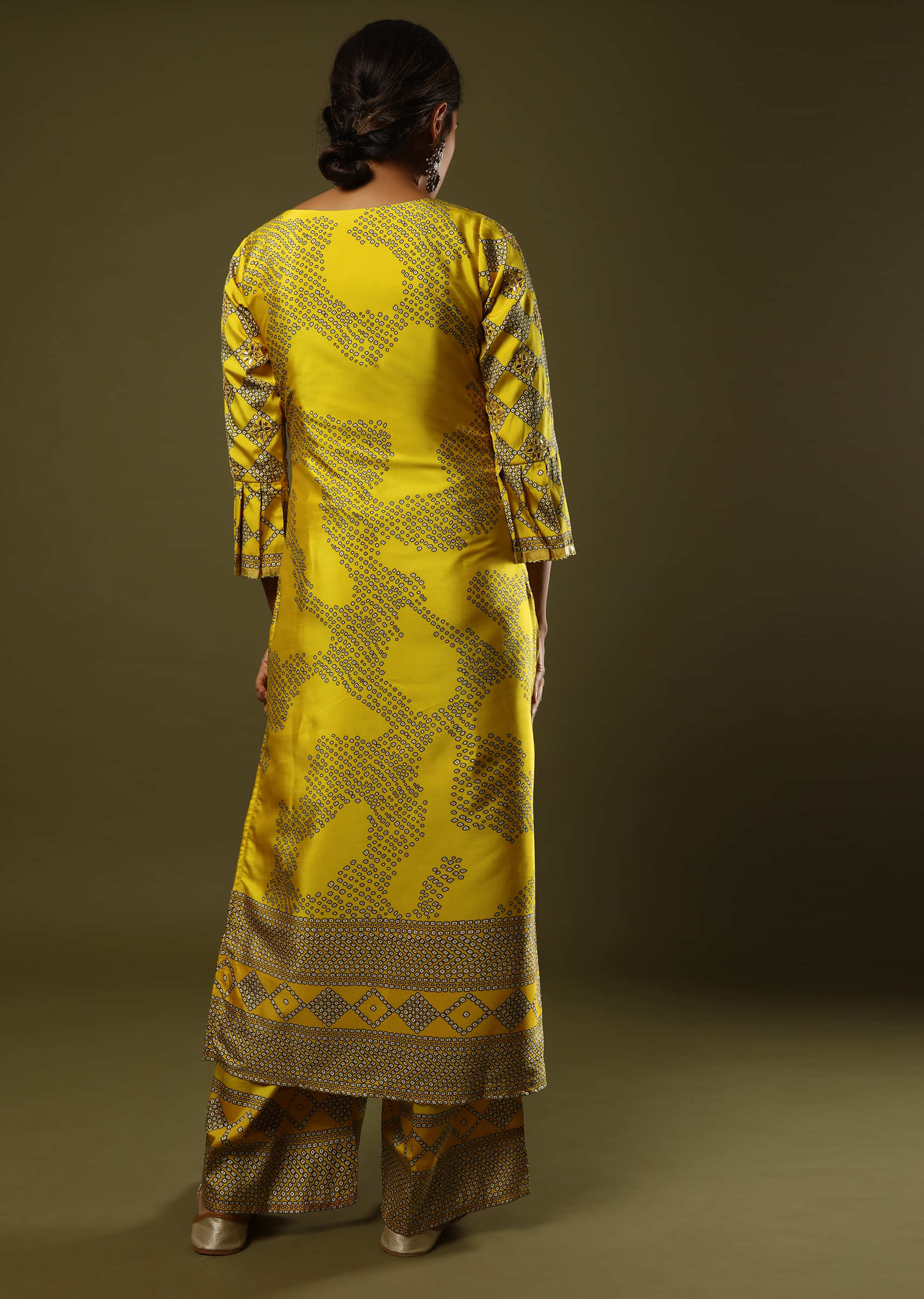 Corn Yellow Palazzo Suit In Silk With Digital Printed Bandhani Motif And Foil Work  