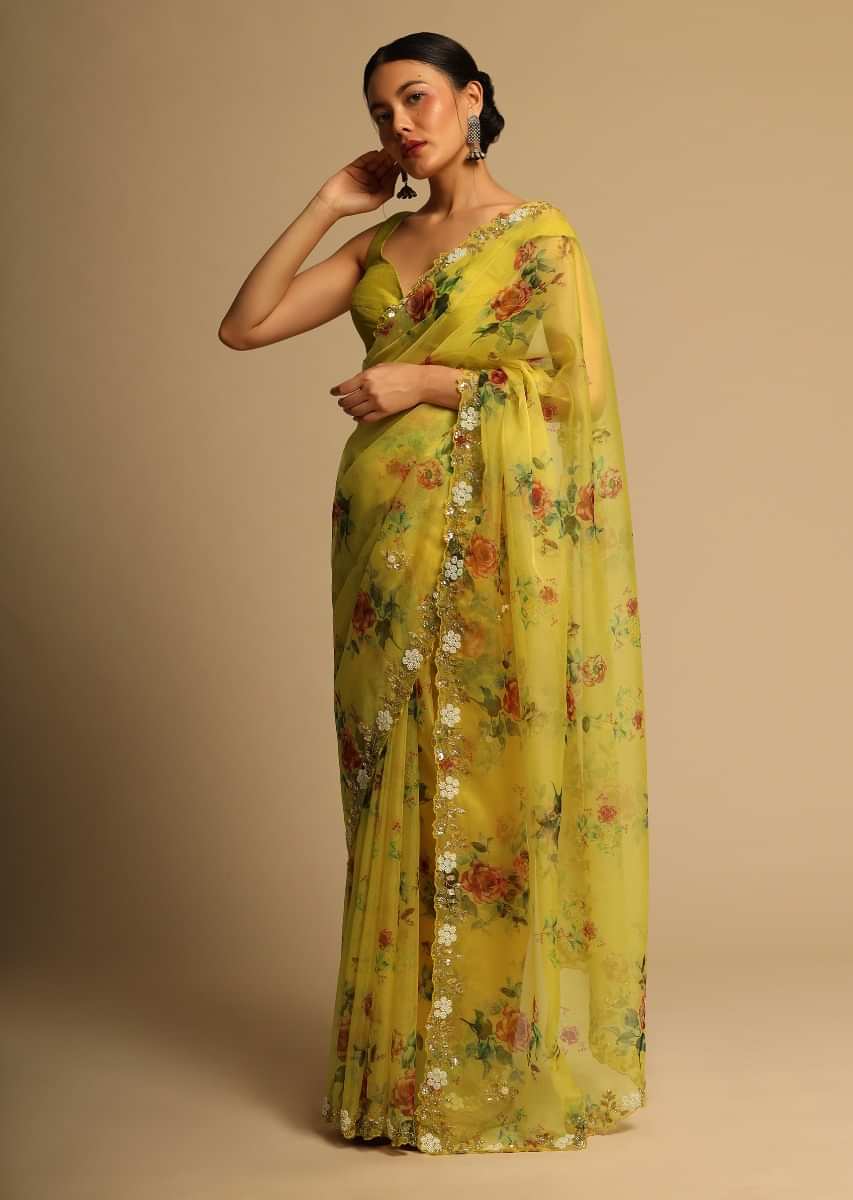Ivory Floral Printed Saree Design by Rohit Bal at Pernia's Pop Up Shop 2023