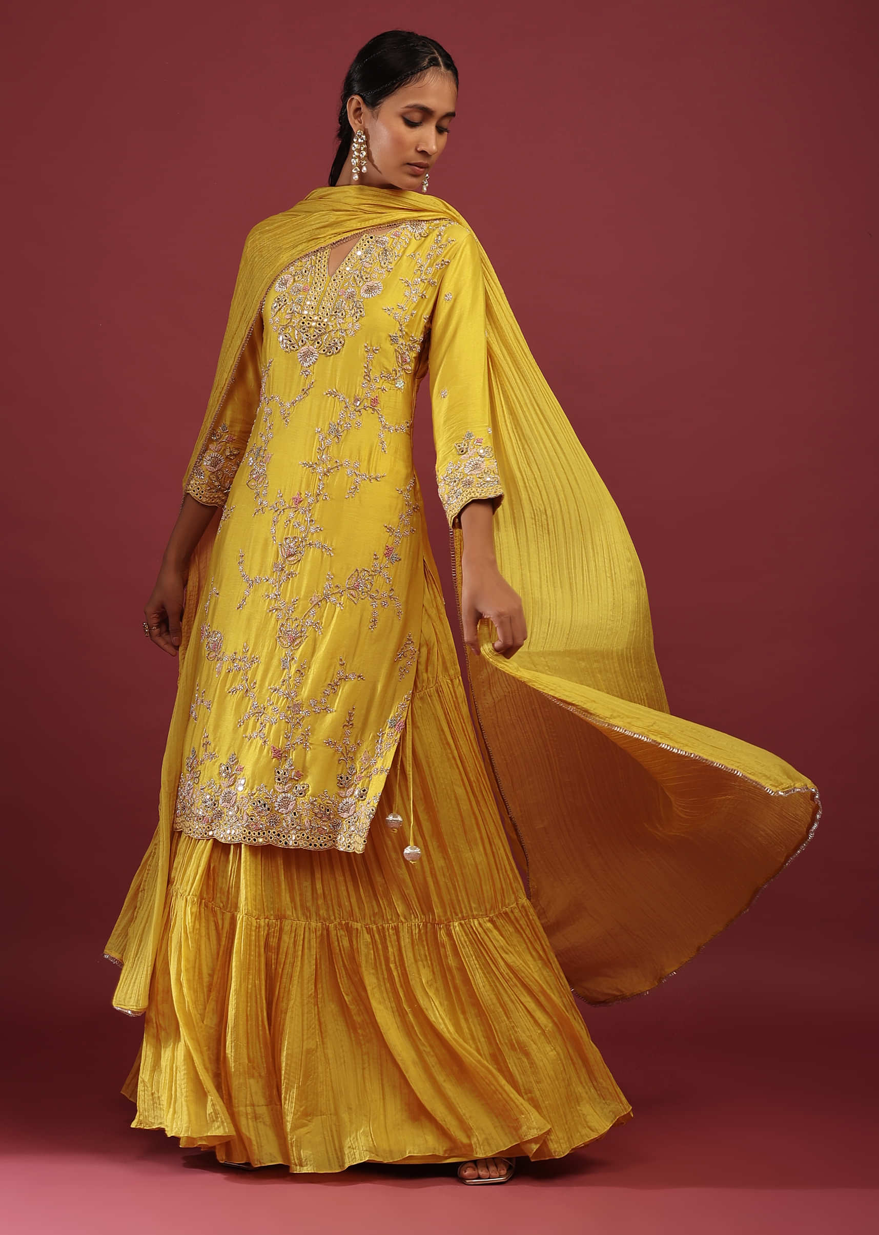 Corn Yellow Gharara Skirt Suit In Cotton Silk With Floral Embroidery