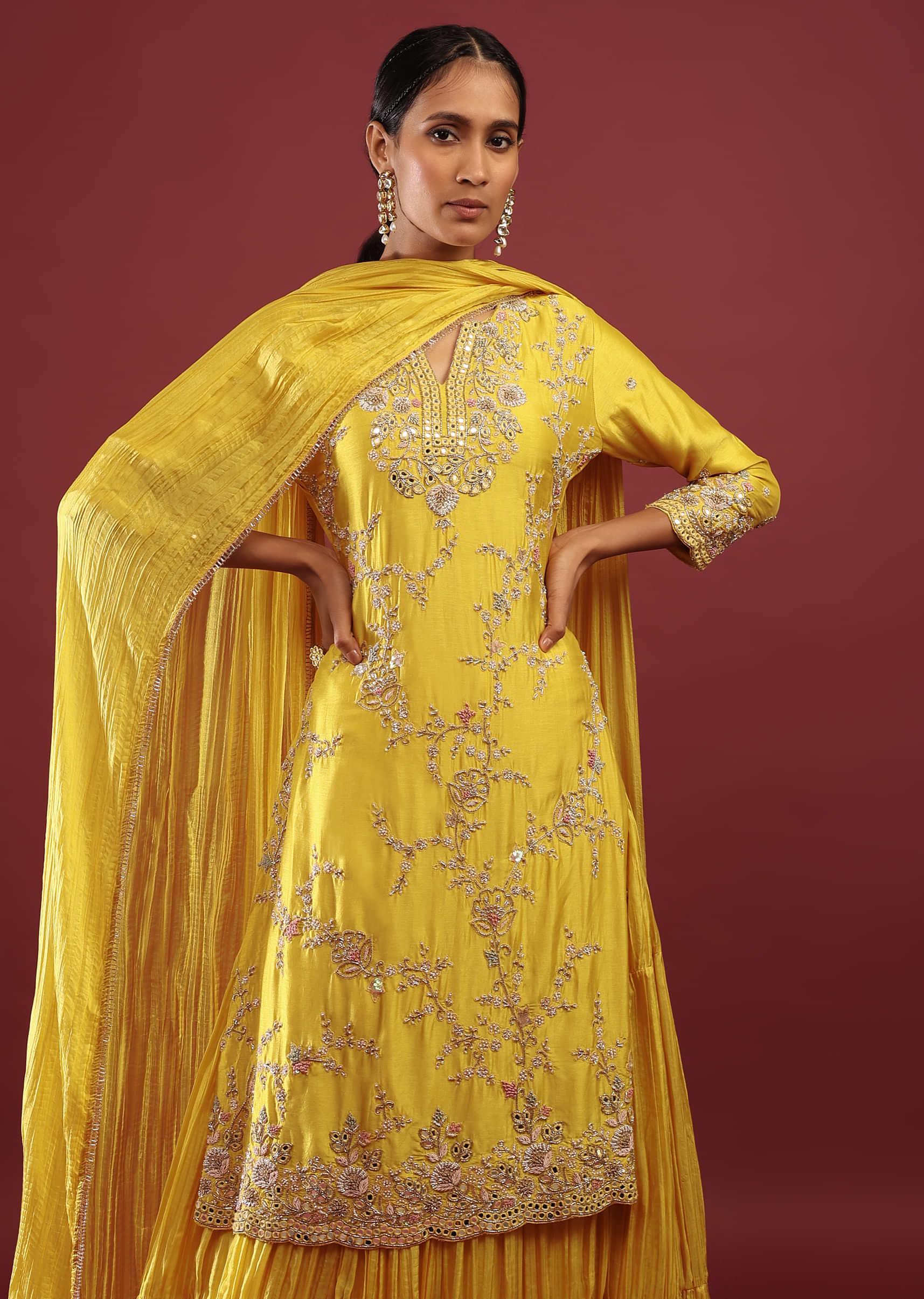 Corn Yellow Gharara Skirt Suit In Cotton Silk With Floral Embroidery