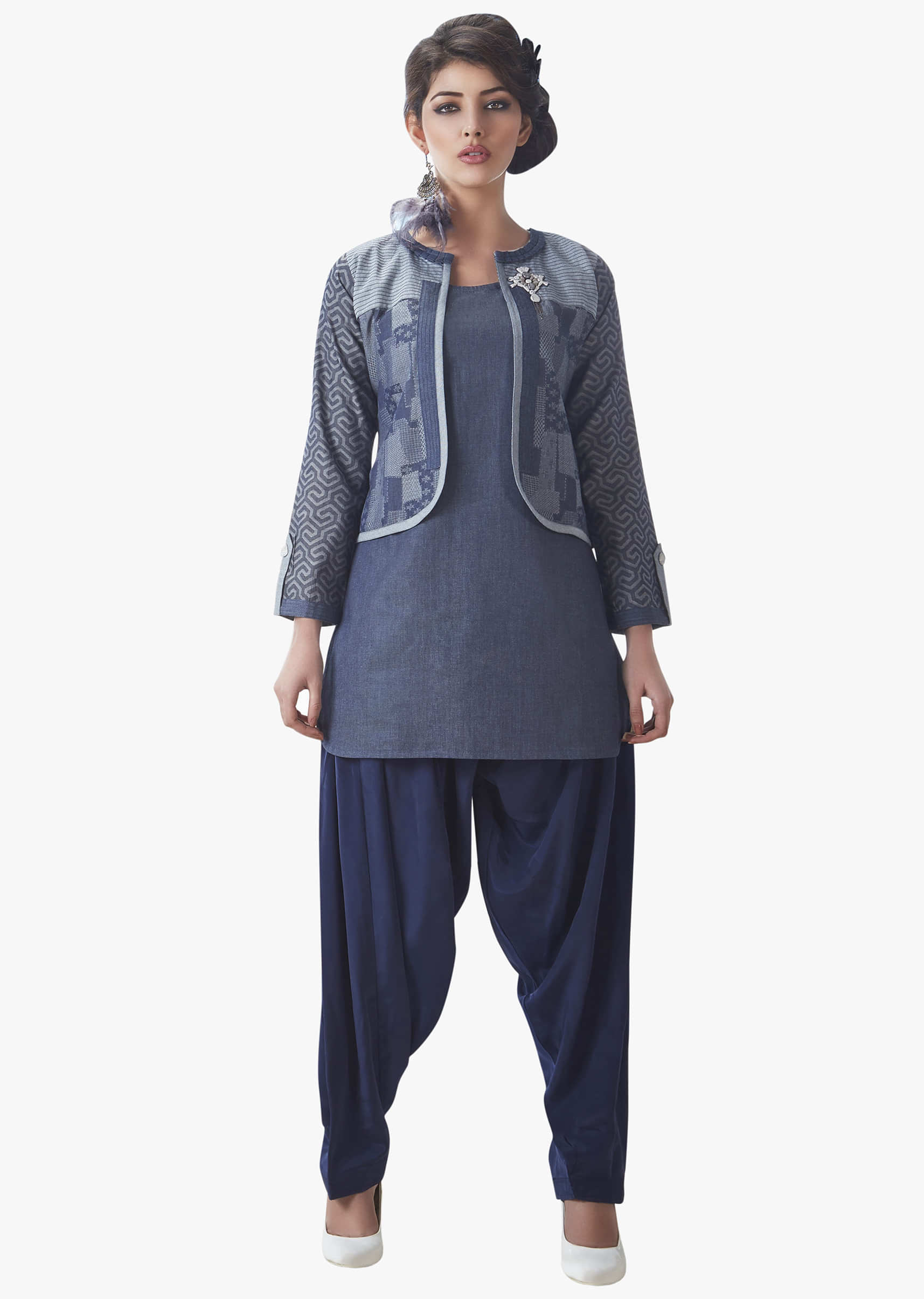 Cotton Grey Suit With Jacket Adorn With Fancy Stone Work Online - Kalki Fashion
