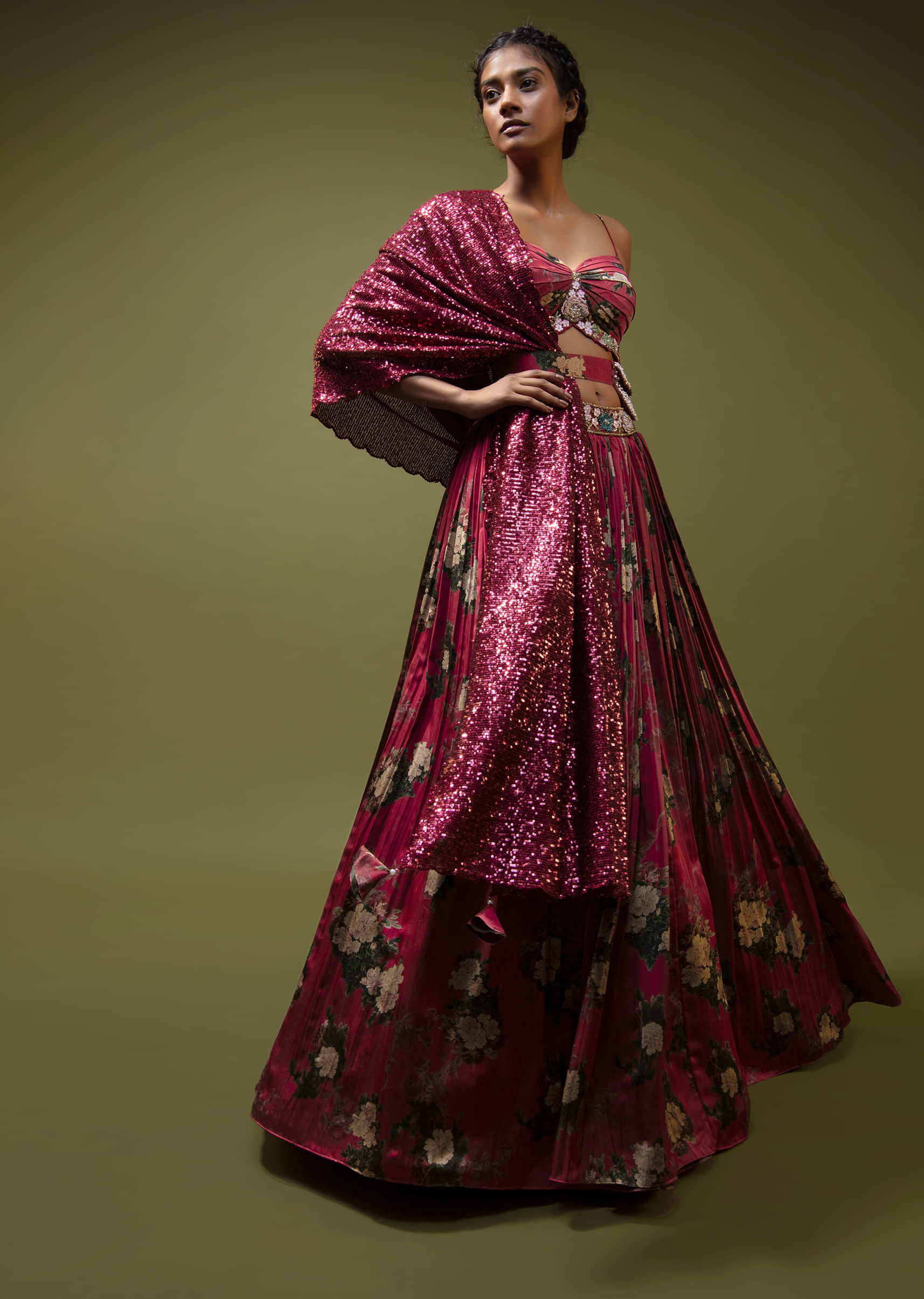 Cranberry Red Lehenga Choli In Floral Printed Satin With A Sequins Dupatta And Embroidered Belt Bag 