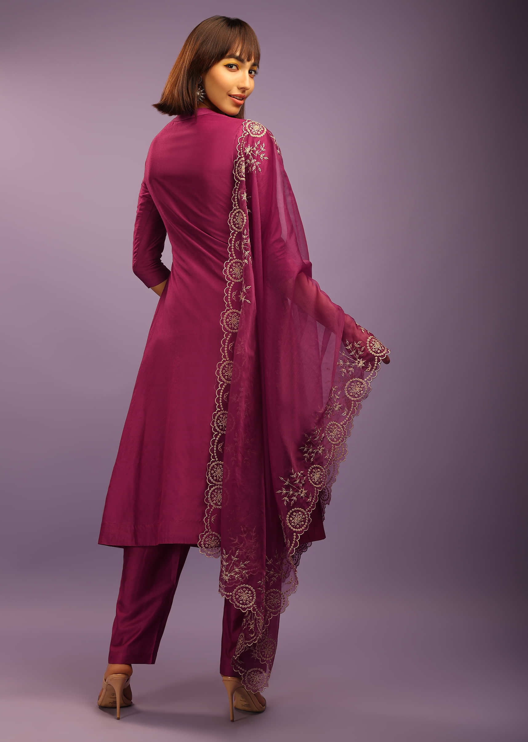 Cranberry Purple A Line Suit In Chanderi Cotton With Pin Tucks Detailing And A Zari Embroidered Organza Dupatta