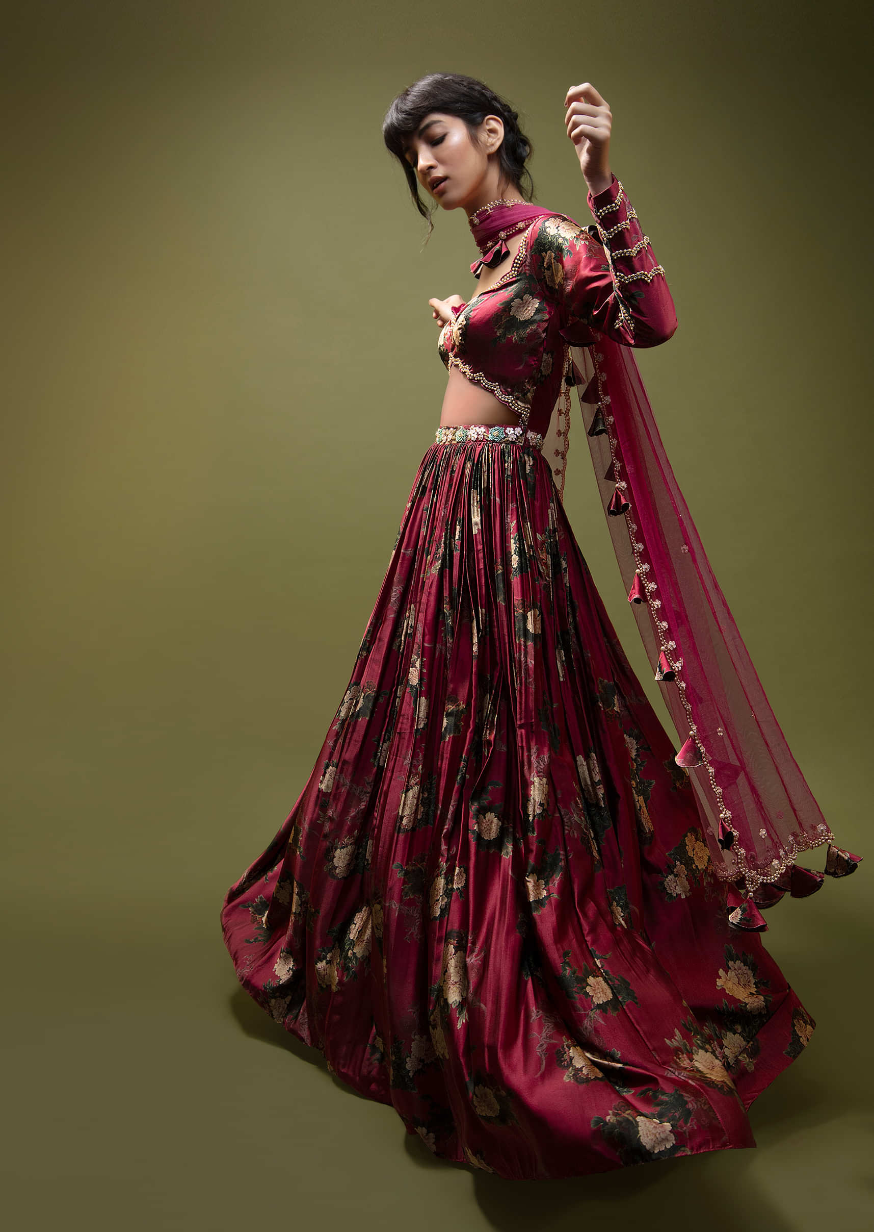 Cranberry Red Anarkali Suit In Floral Printed Satin With Front Cut Out And Sequin Embroidery  