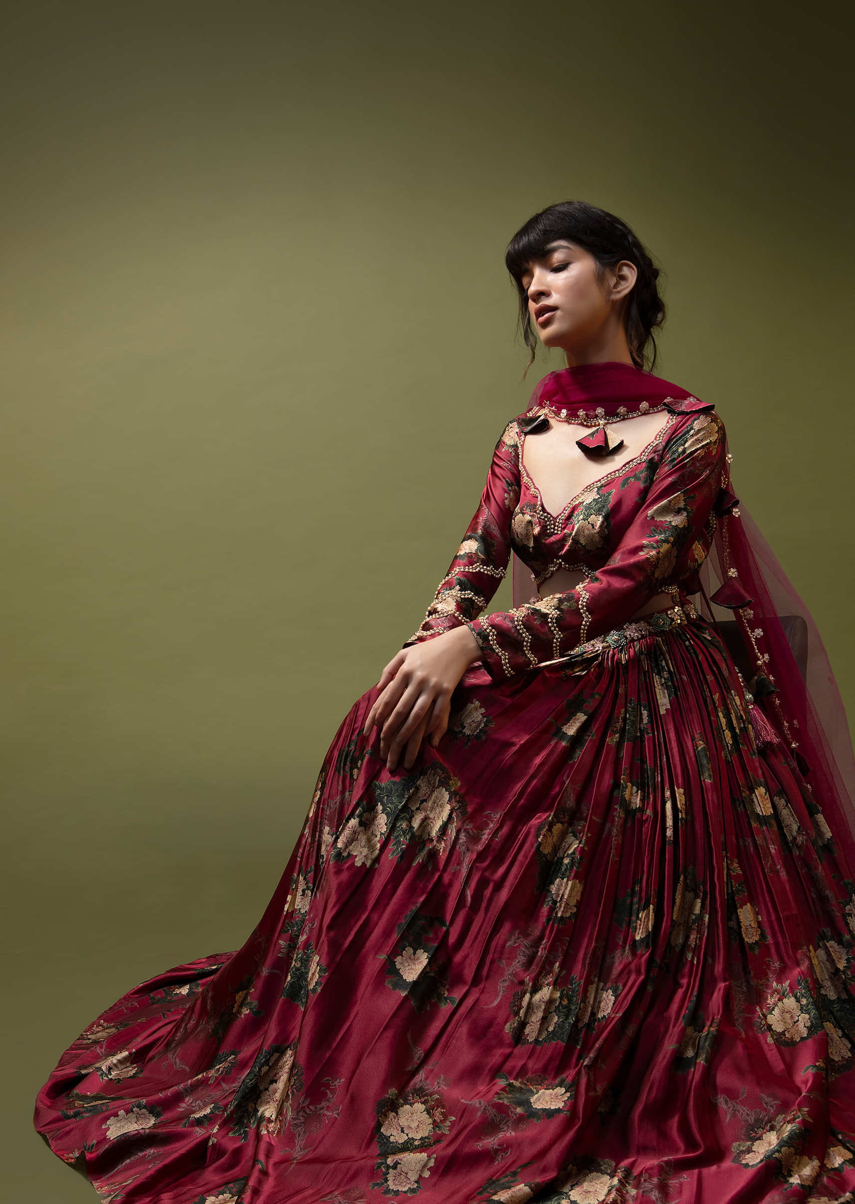 Cranberry Red Anarkali Suit In Floral Printed Satin With Front Cut Out And Sequin Embroidery  