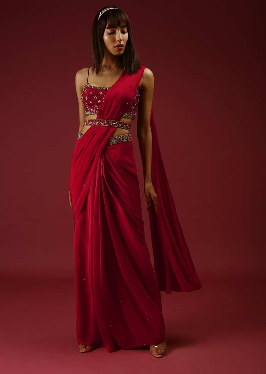 Cranberry Red Ready Pleated Saree With A Multicolored Hand Embroidered Blouse And Belt