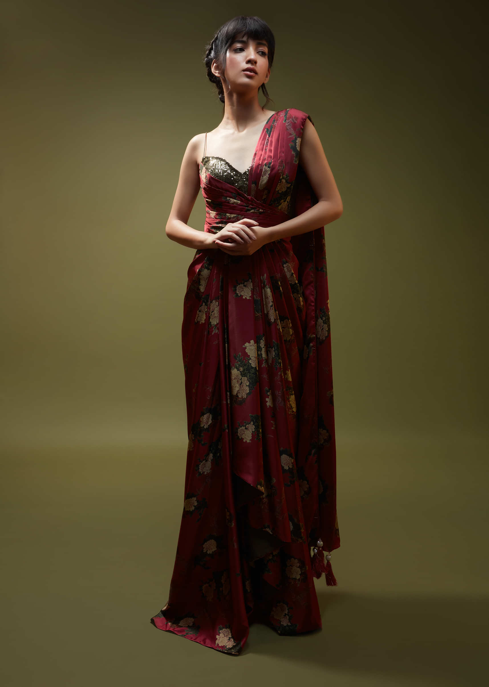 Cranberry Red Saree Gown In Satin With Moss Green Sequin Bodice And Pleat Detailing 