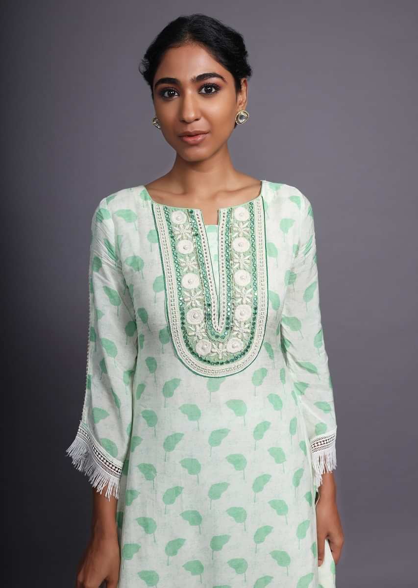 Cream A Line Kurti Set With Asymmetric High Low Hem Trimmed With Thread Fringes 