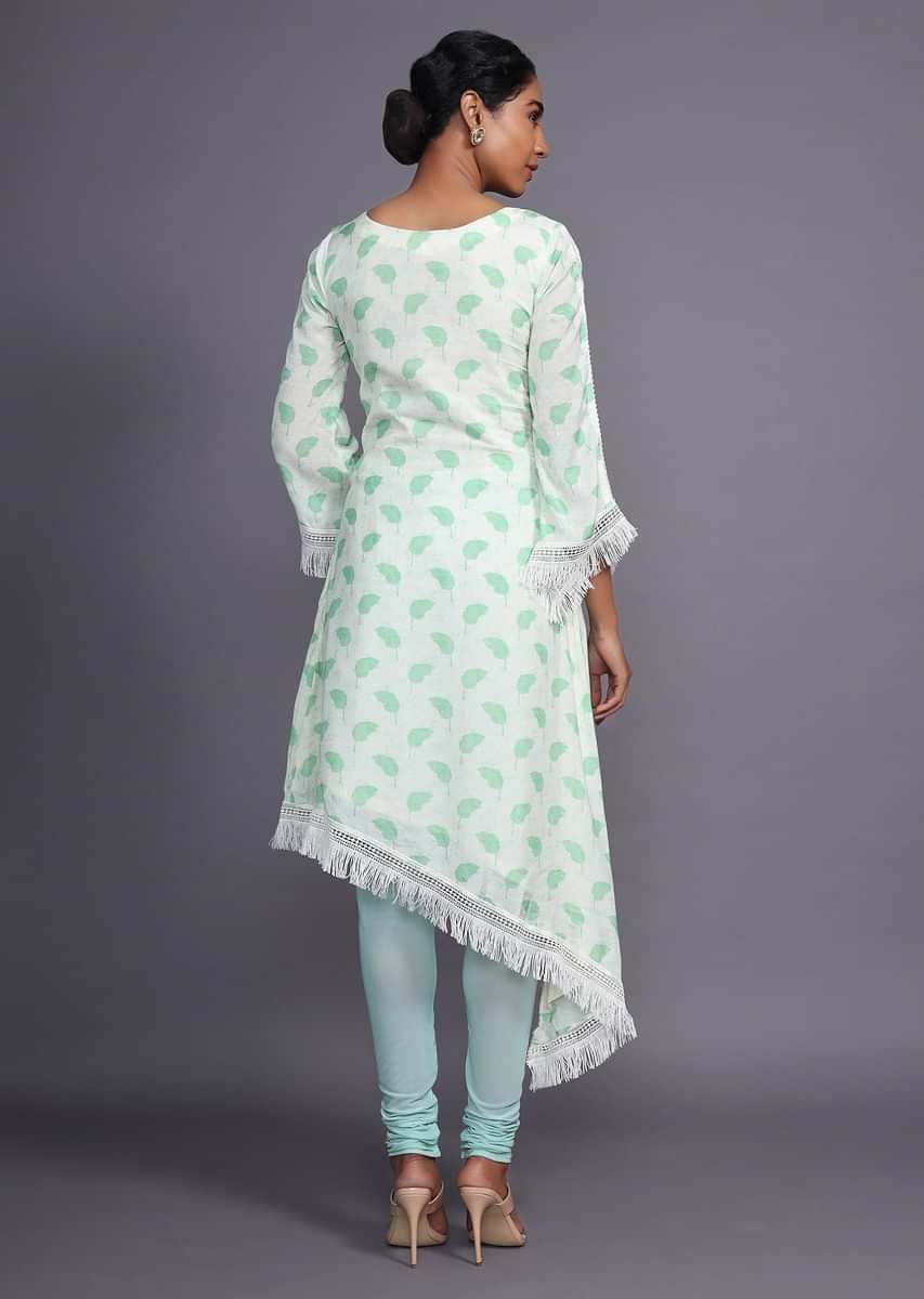 Cream A Line Kurti Set With Asymmetric High Low Hem Trimmed With Thread Fringes 
