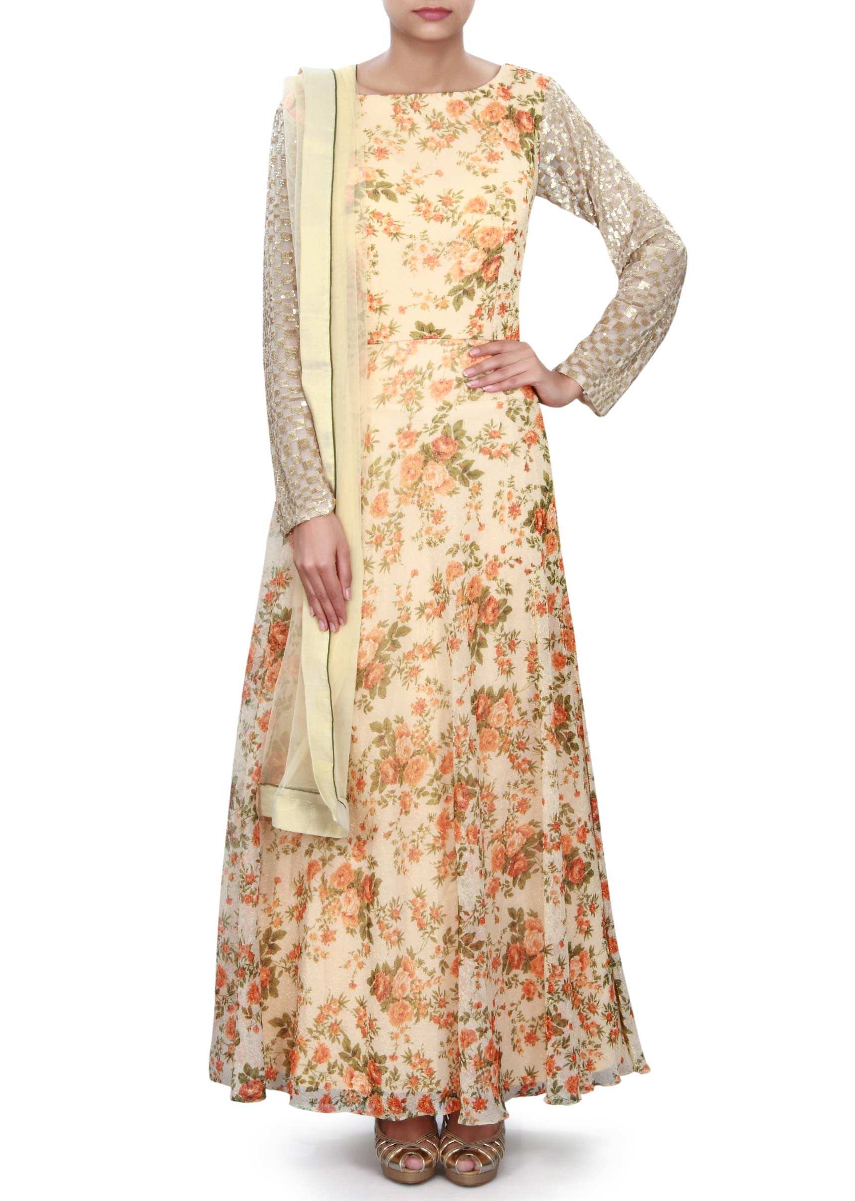 Cream anarkali suit embellished in print and sequin work