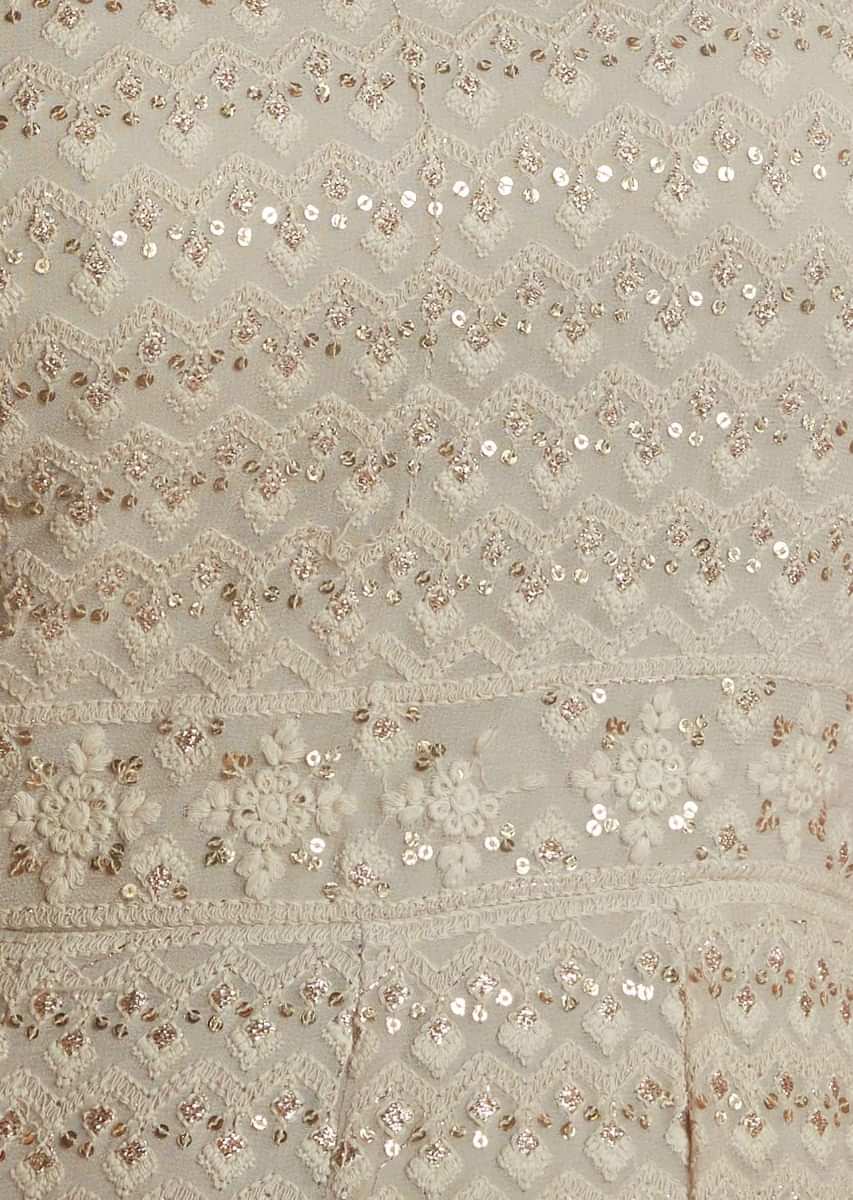 Cream Anarkali Suit In Georgette Embellished In Thread Work Along With Batik Printed Dupatta Online - Kalki Fashion