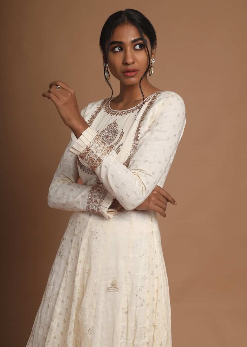 Cream Silk Printed Pleated Anarkali Suit