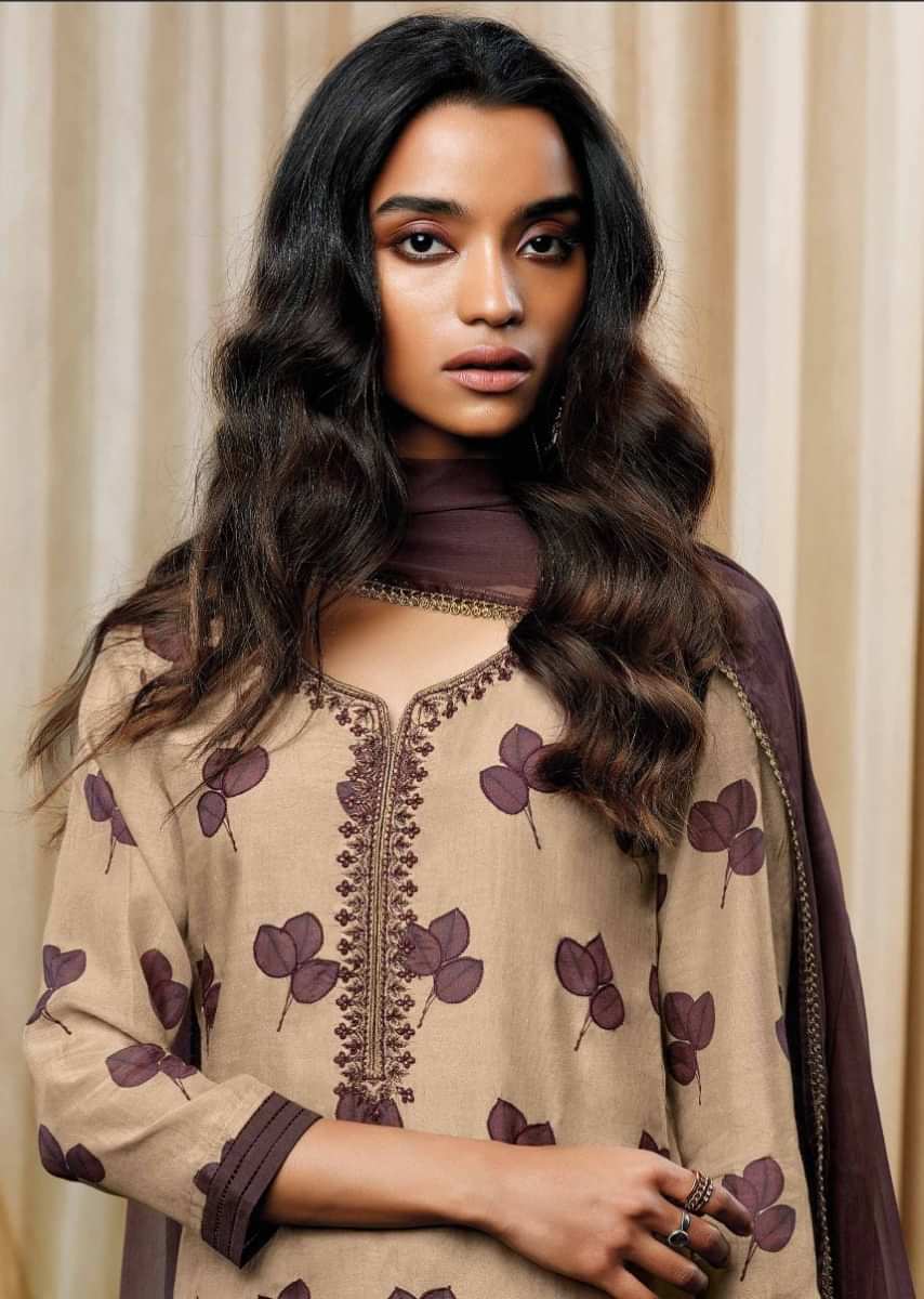 Cream And Brown Unstitched Printed Suit With Zari Embroidered Placket Online - Kalki Fashion