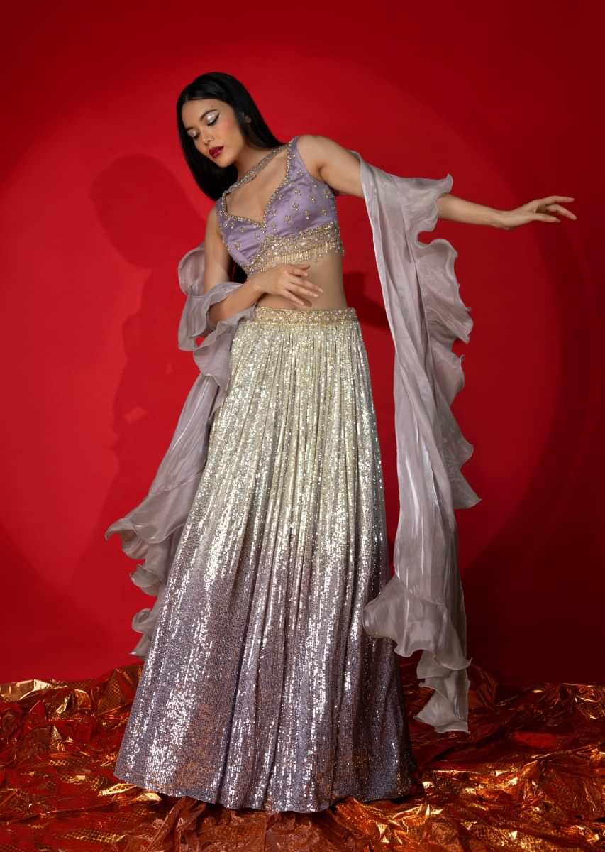 Buy Cream And Lavender Shaded Sequins Lehenga With Hand Embroidered ...