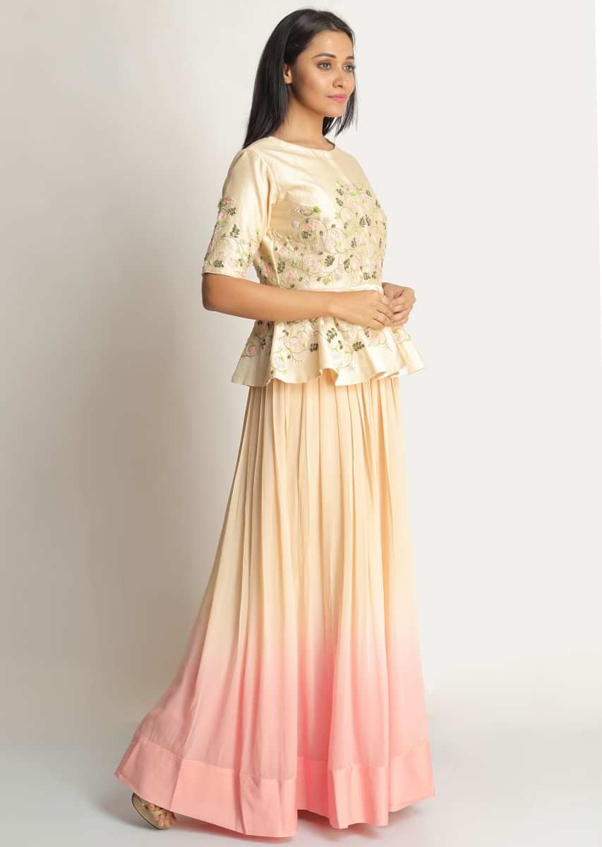 Cream And Pink Anarkali Dress With Shaded Effect And Embroidered Peplum Top Online - Kalki Fashion