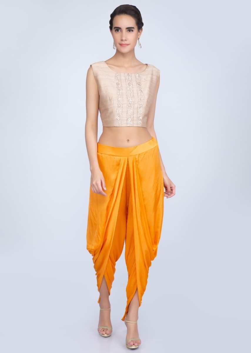 Beige Crop Top In Embroidered Raw Silk With Chrome Yellow Dhoti And Jacket Online - Kalki Fashion
