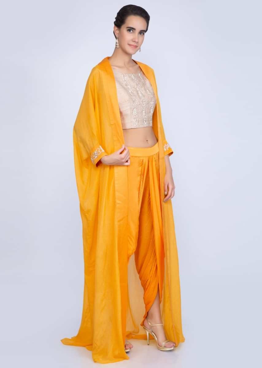 Beige Crop Top In Embroidered Raw Silk With Chrome Yellow Dhoti And Jacket Online - Kalki Fashion