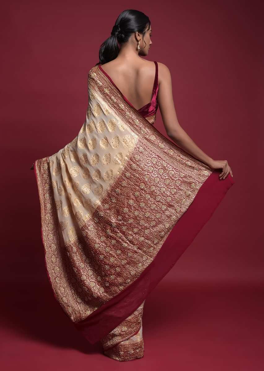 Cream Beige Saree In Georgette With Weaved Leaf Buttis And Maroon Weaved Pallu And Border  