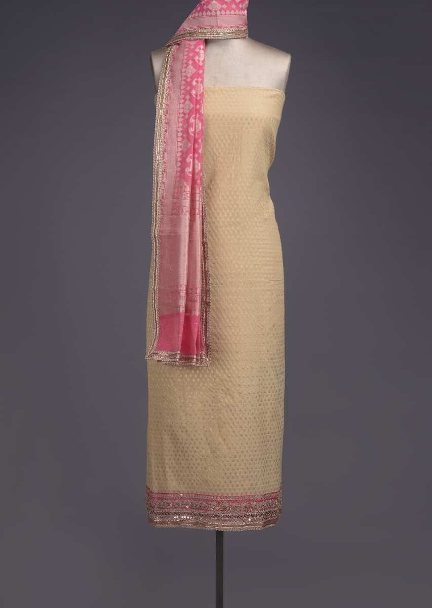 Banarasee Brocade Salwar Kameez Fabric With Cotton Silk Jaal Work  Dupatta-Pink & Beige