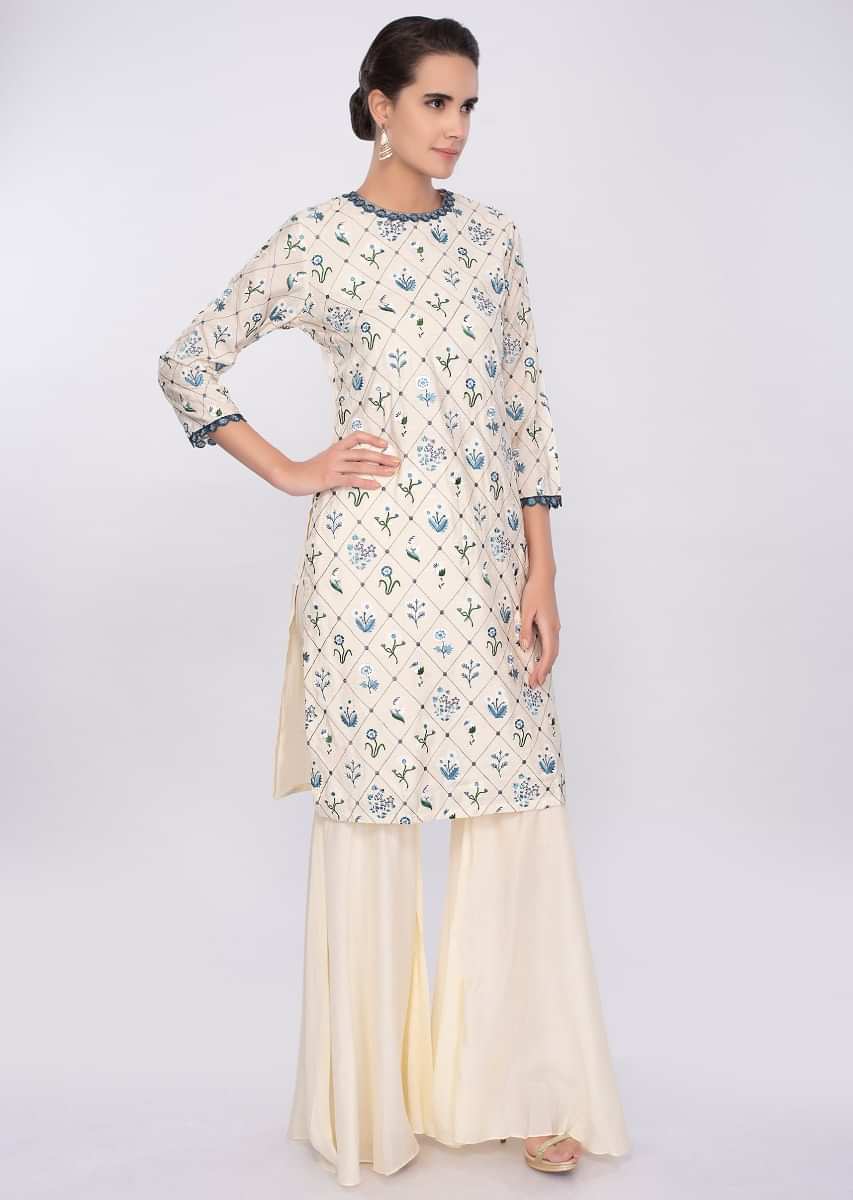 Cream Sharara Suit In Cotton With Floral Resham Embroidery Online - Kalki Fashion