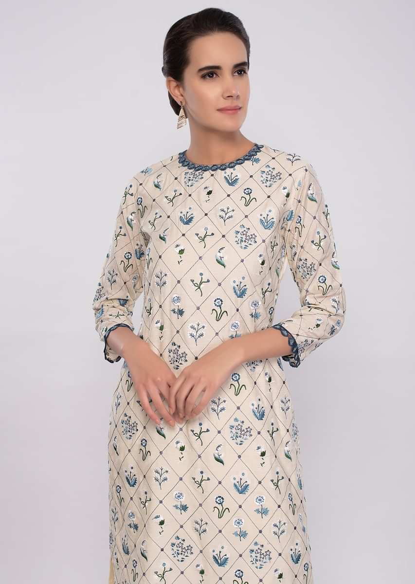 Cream Sharara Suit In Cotton With Floral Resham Embroidery Online - Kalki Fashion