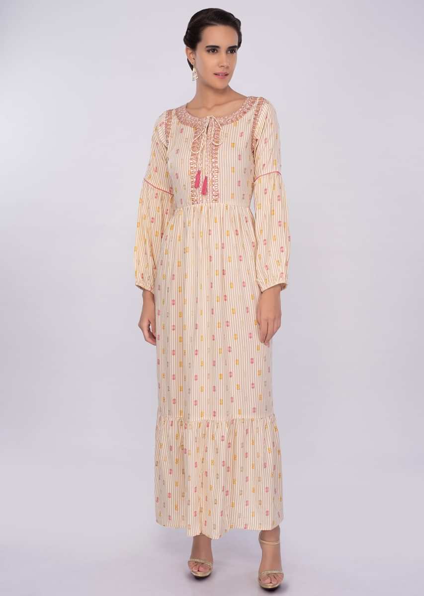 Cream Tunic Dress In Cotton With Multi Color Butti Online - Kalki Fashion