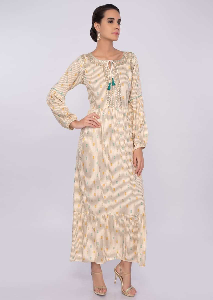 Cream Tunic Dress In Cotton With Beige Stripes Online - Kalki Fashion