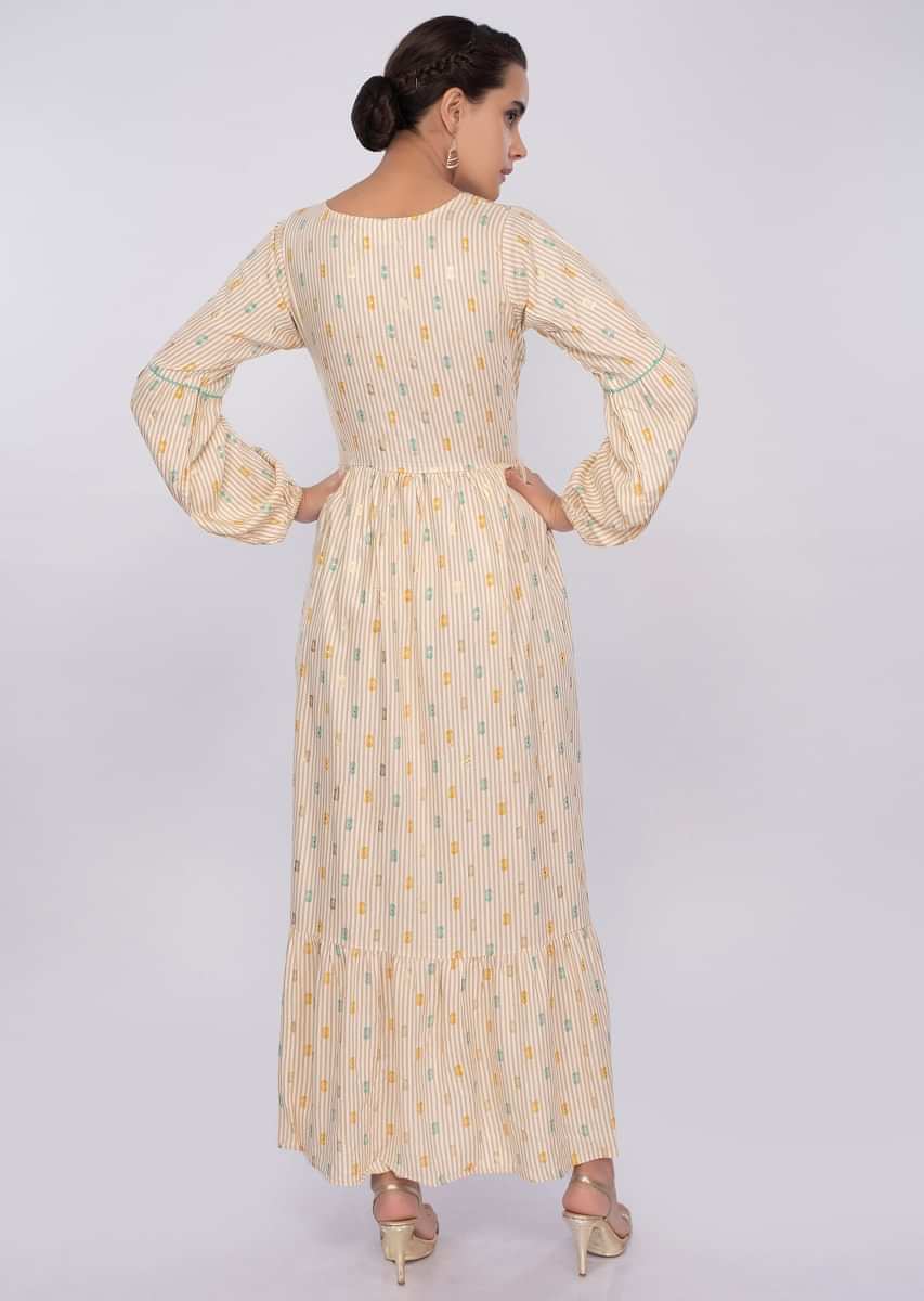 Cream Tunic Dress In Cotton With Beige Stripes Online - Kalki Fashion