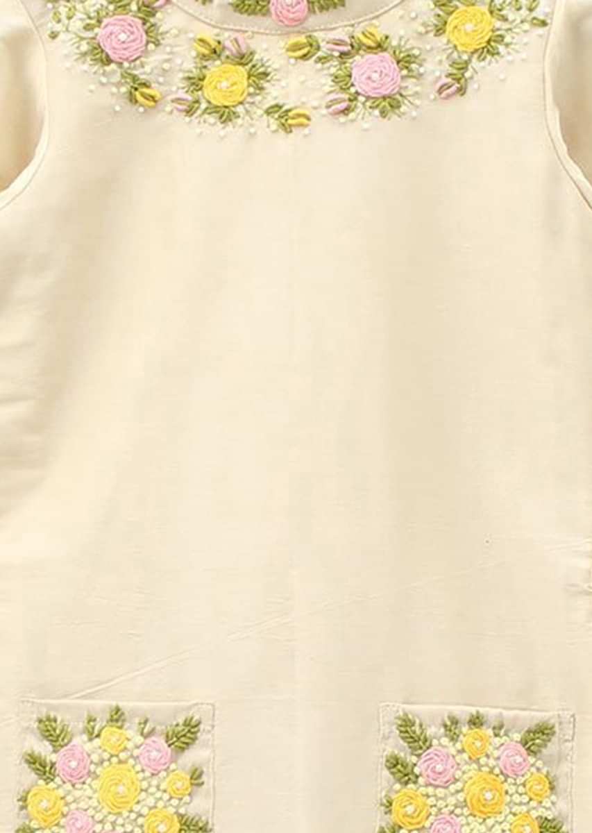 Cream Dress In Butter Silk With Floral Motif Embroidery Online - Kalki Fashion