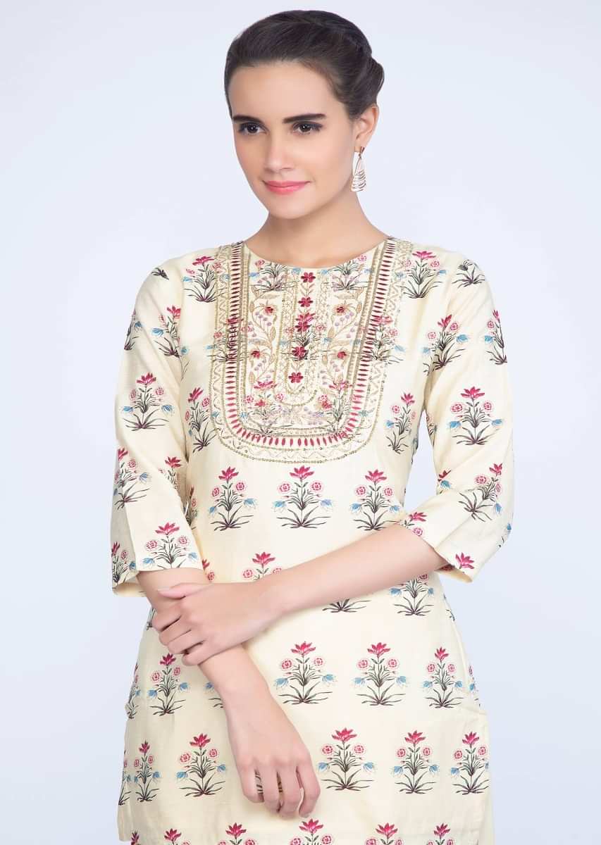 Cream Top With Floral Print And Matching Dhoti Pant Online - Kalki Fashion