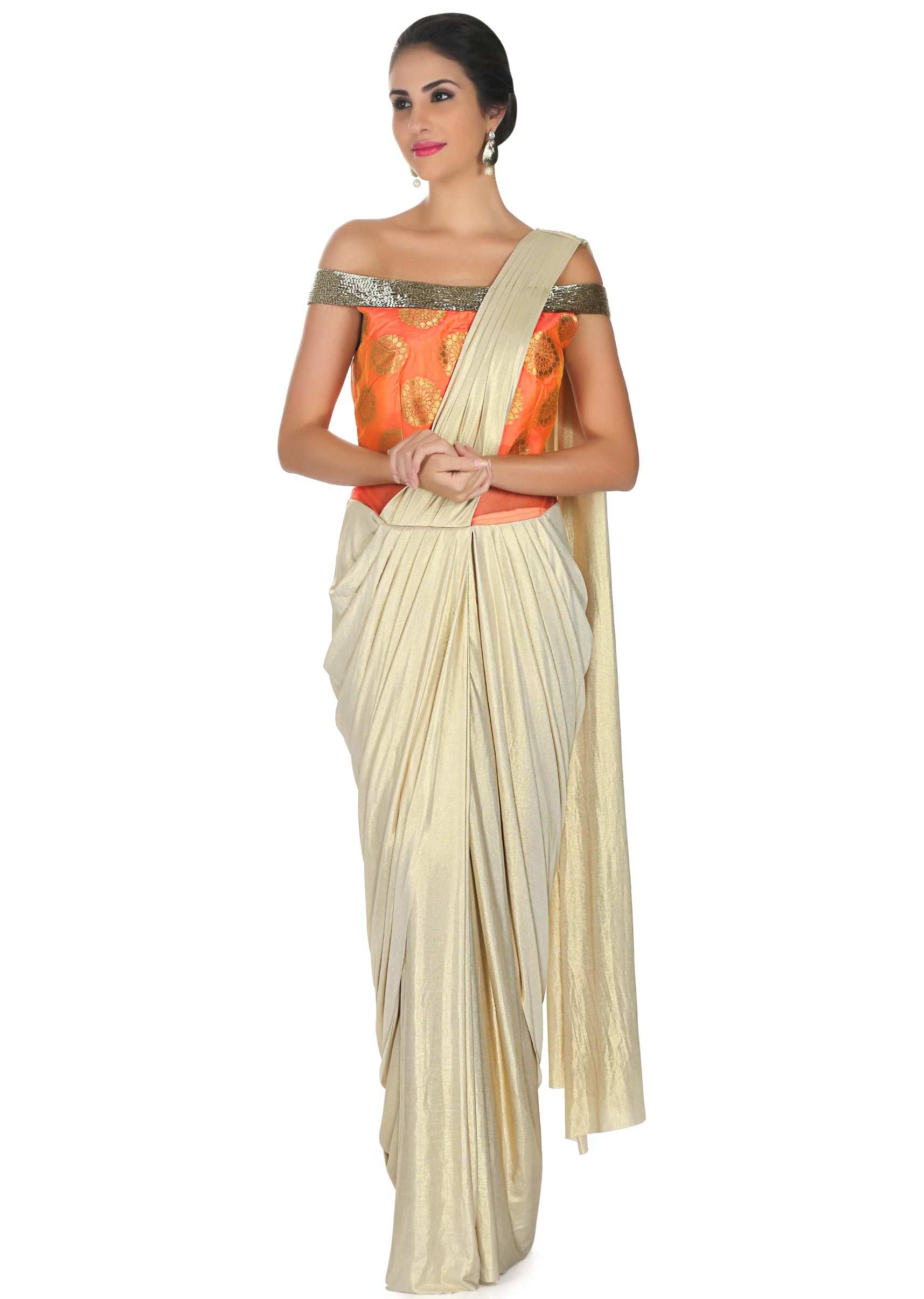 Cream foil saree gown with orange brocade bodice only on Kalki