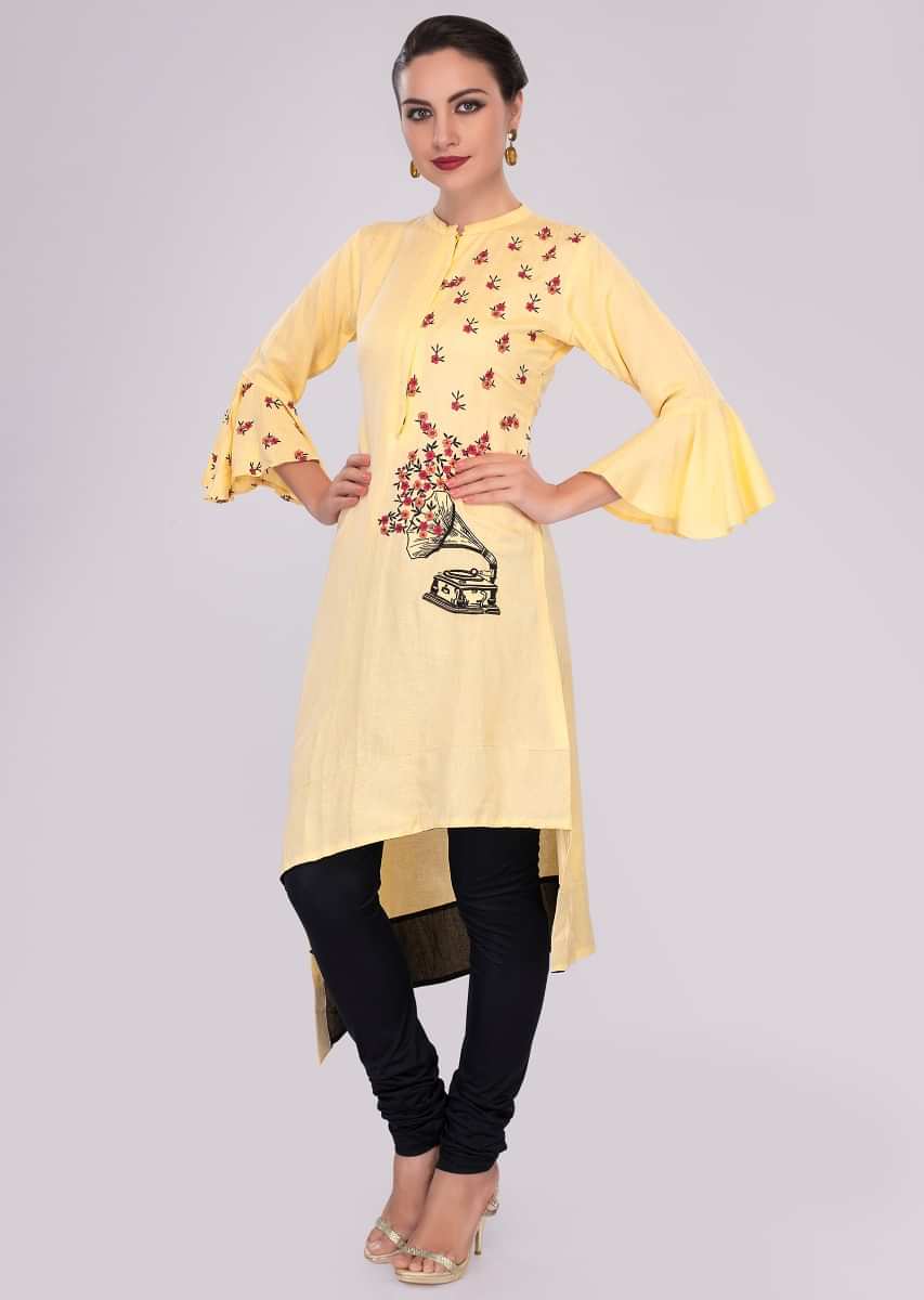 Cream front short back long cotton kurti with one side resham embroidery 