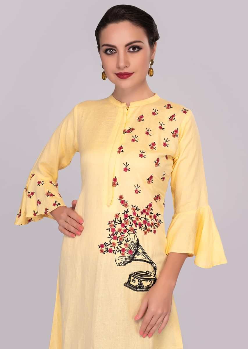 Cream front short back long cotton kurti with one side resham embroidery 