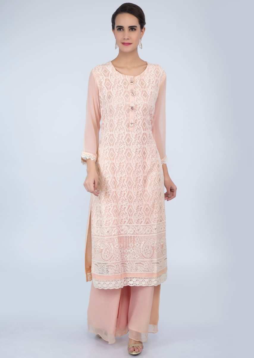 Cream Palazzo Suit Set In Georgette With Chikan Embroidery Online - Kalki Fashion