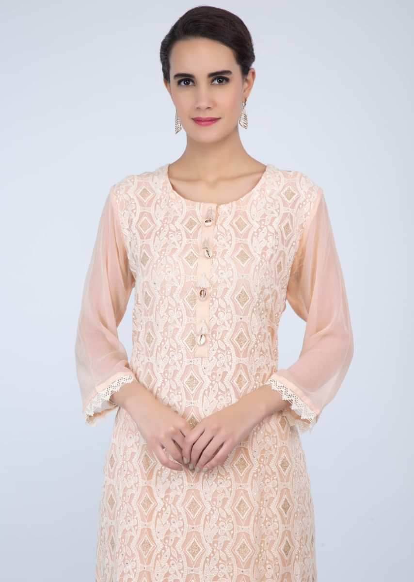 Cream Palazzo Suit Set In Georgette With Chikan Embroidery Online - Kalki Fashion