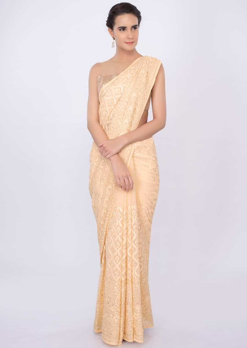 Cream georgette saree in lucknowi embroidery only on kalki