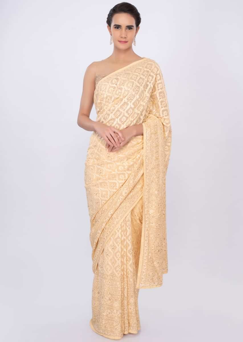 Cream georgette saree in lucknowi embroidery only on kalki