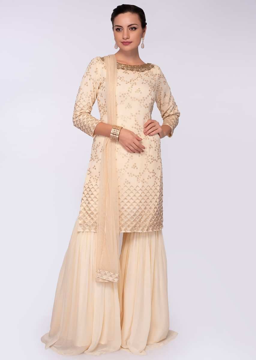 Cream georgette suit with zari embroidery in floral and geometric motif 